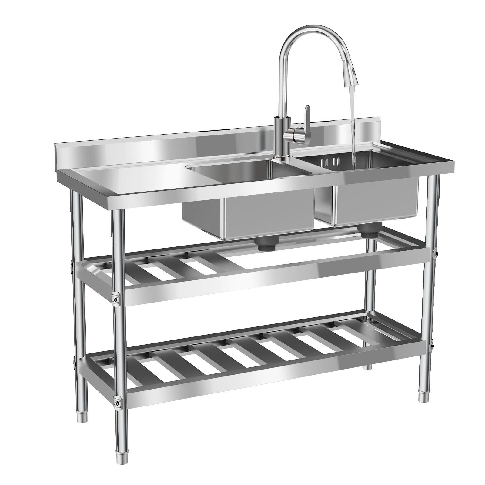 Commercial Kitchen Prep Table With Storage - 業務用レストランシンク、ステンレス製ダブルボウルキッチンシンク、温冷蛇口付き3段調理台、調節可能なプルアウトスプレー、大容量で洗浄、収納、ユーティリティに最適、120x45x81cm、家庭用・業務用