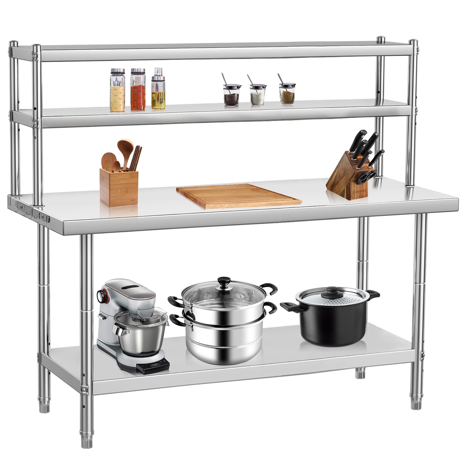 Commercial Kitchen Prep Table With Storage - 48x24ヘビーデューティー ステンレス製ワークテーブル 業務用キッチン調理台 収納棚フックと調整可能なオーバーシェルフ付き 食品調理用ワークベンチ キッチンアイランド