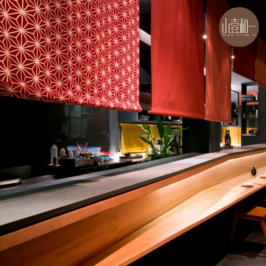 Commercial Kitchen Japanese - 日本料理レストランキッチンドアカーテン二層茶屋ショートカーテンバーカウンター商業ハーフカーテン