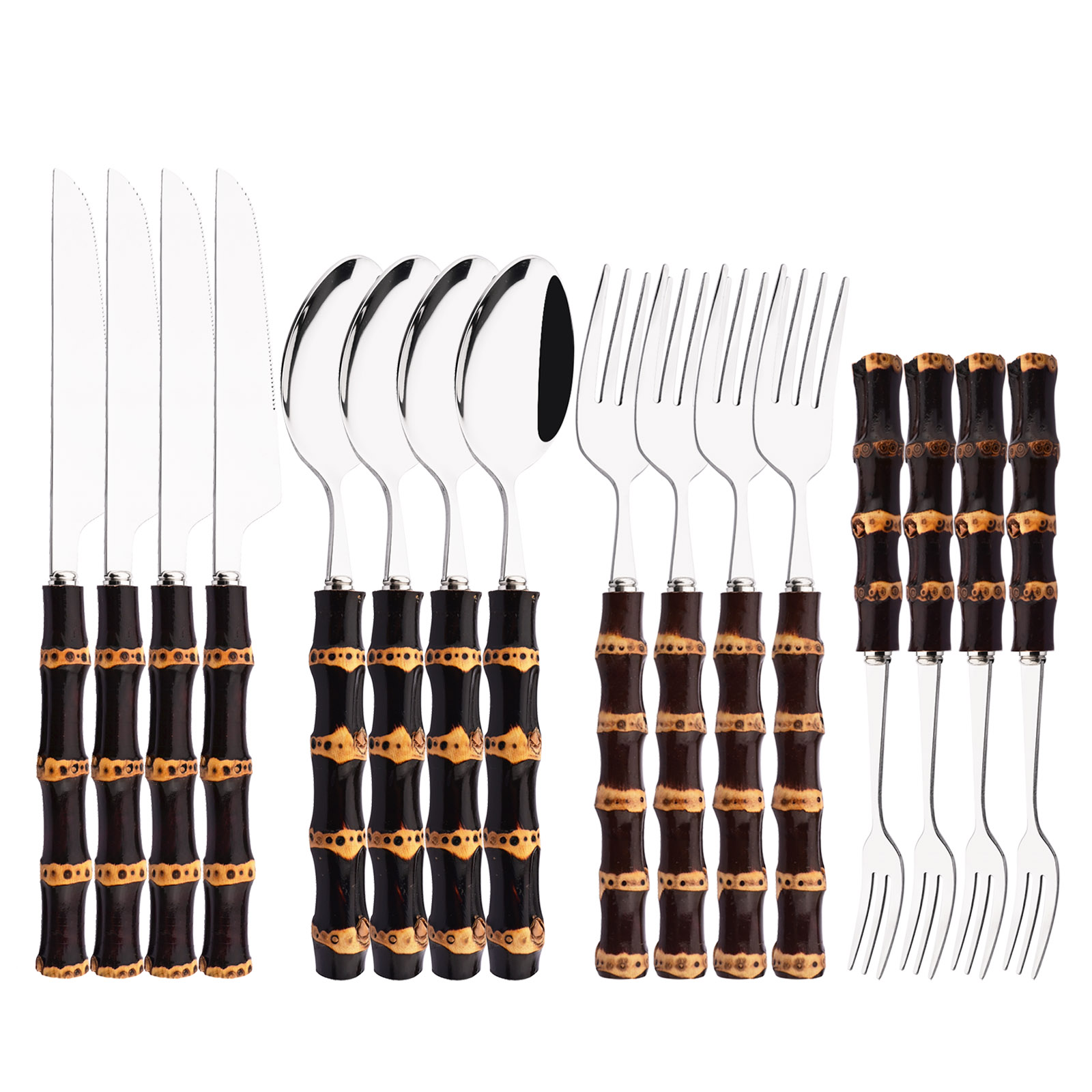 Commercial Kitchen Knives - 16個入り竹製食器セット ステンレス鋼竹製カトラリーセット 純天然ハンドル食器セット ディナーウェア ステーキナイフ カトラリー