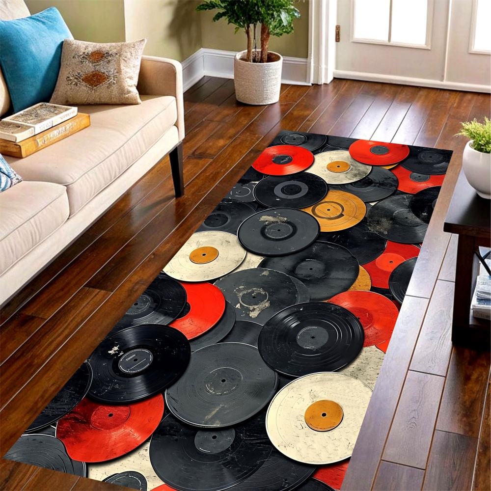 Commercial Kitchen Vinyl Flooring - ヴィンテージビニールレコードロングランナーラグ、レトロな音楽プリントフロアマット、玄関、キッチン、リビングルーム、バルコニーの床装飾。