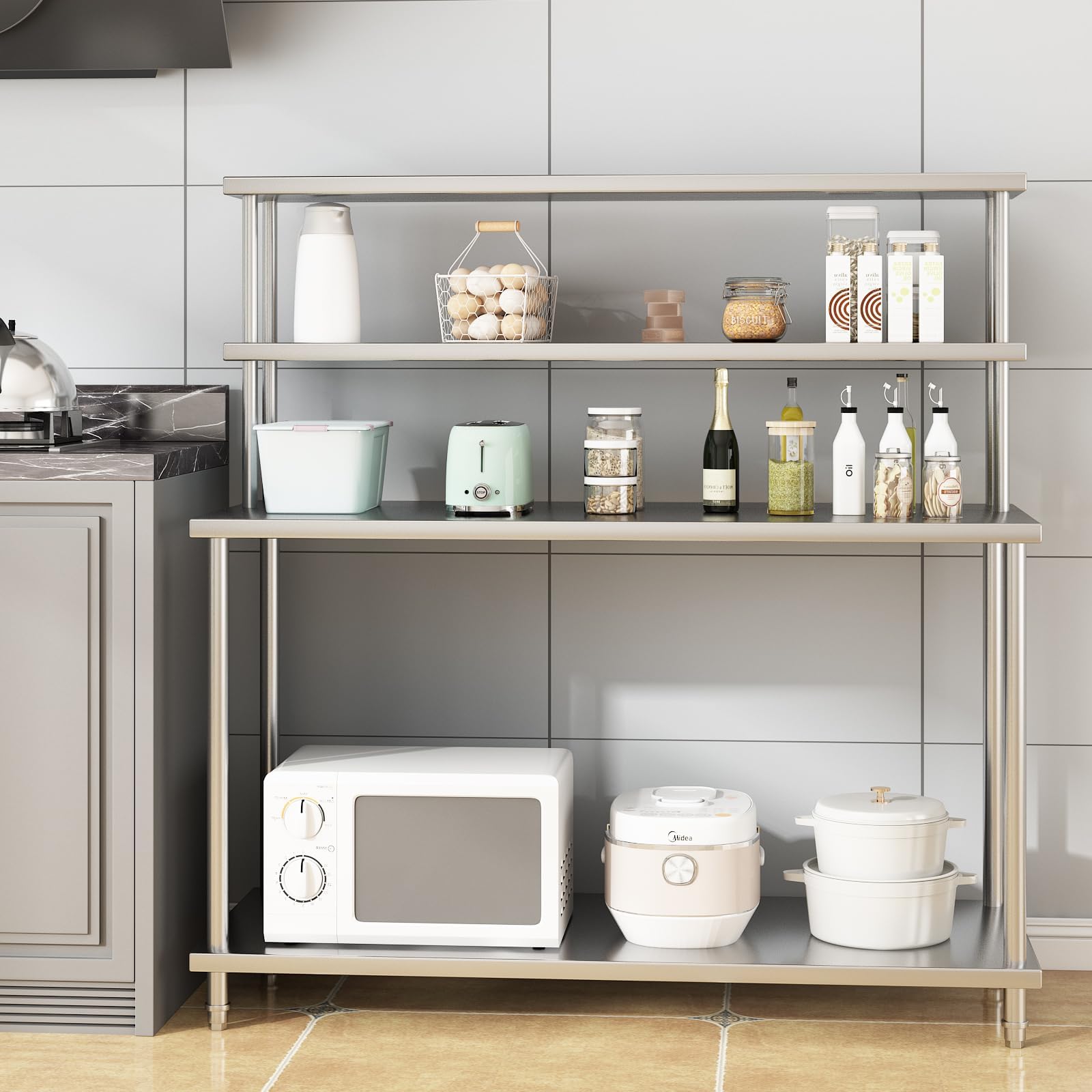 Commercial Kitchen Prep Table With Storage - ステンレス製テーブル（上部棚付き）、60インチ x 24インチの業務用作業・準備テーブル（調節可能な棚付き）、キッチン、ユーティリティルーム、レストラン、ガレージ用の頑丈な収納ラック