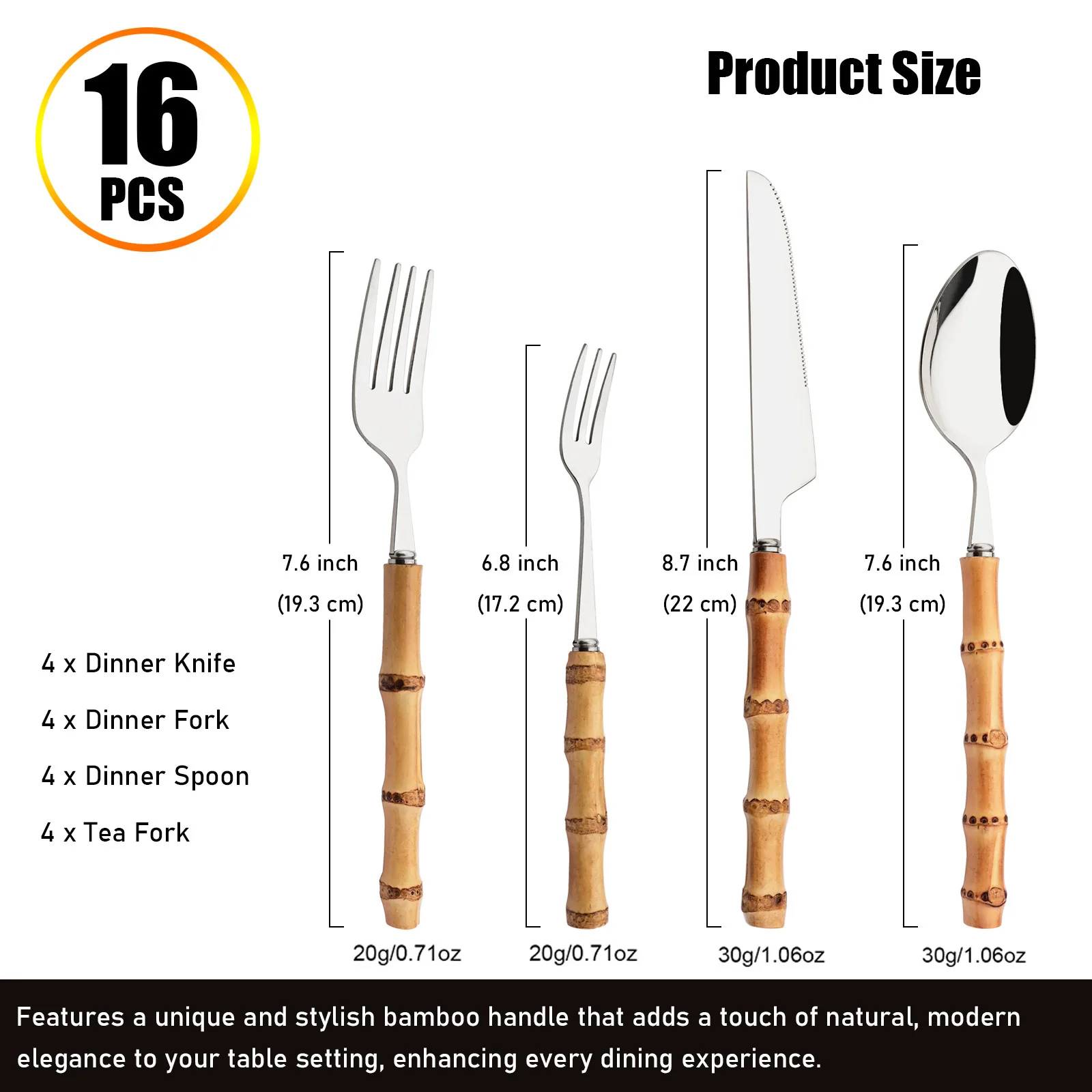 16個入り竹製食器セット ステンレス鋼竹製カトラリーセット  - Commercial Kitchen Knives のレビューと価格