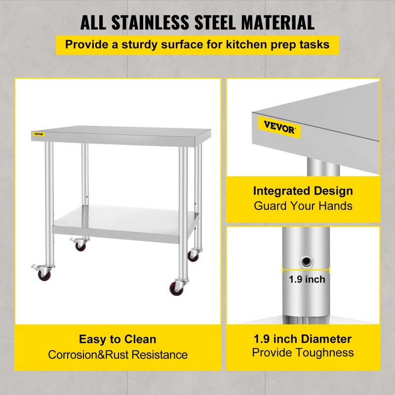 ステンレス製キッチン調理台、4つのキャスターホイール付き、バ - Commercial Kitchen Prep Table With Storage のレビューと価格