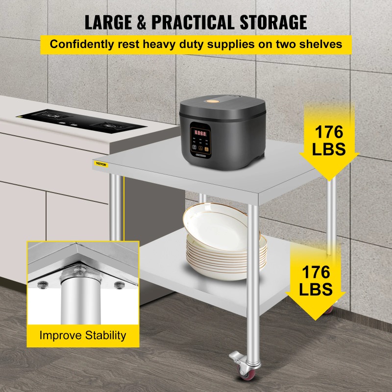 ステンレス製キッチン調理台、4つのキャスターホイール付き、バ - Commercial Kitchen Prep Table With Storage のレビューと価格