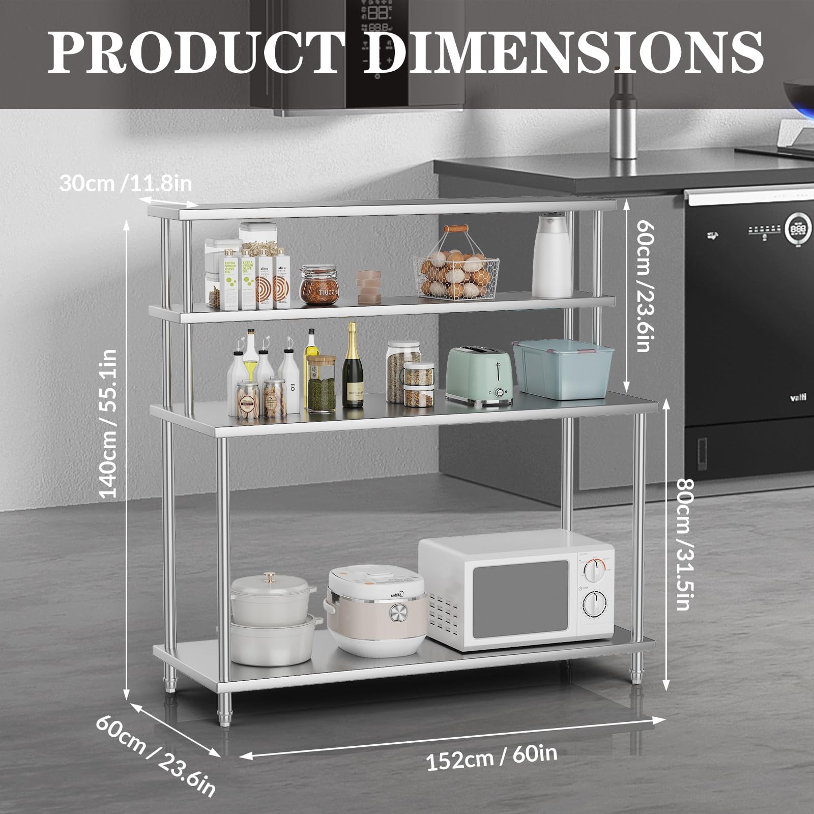 ステンレス製テーブル（上部棚付き）、60インチ x 24イン - Commercial Kitchen Prep Table With Storage のレビューと価格