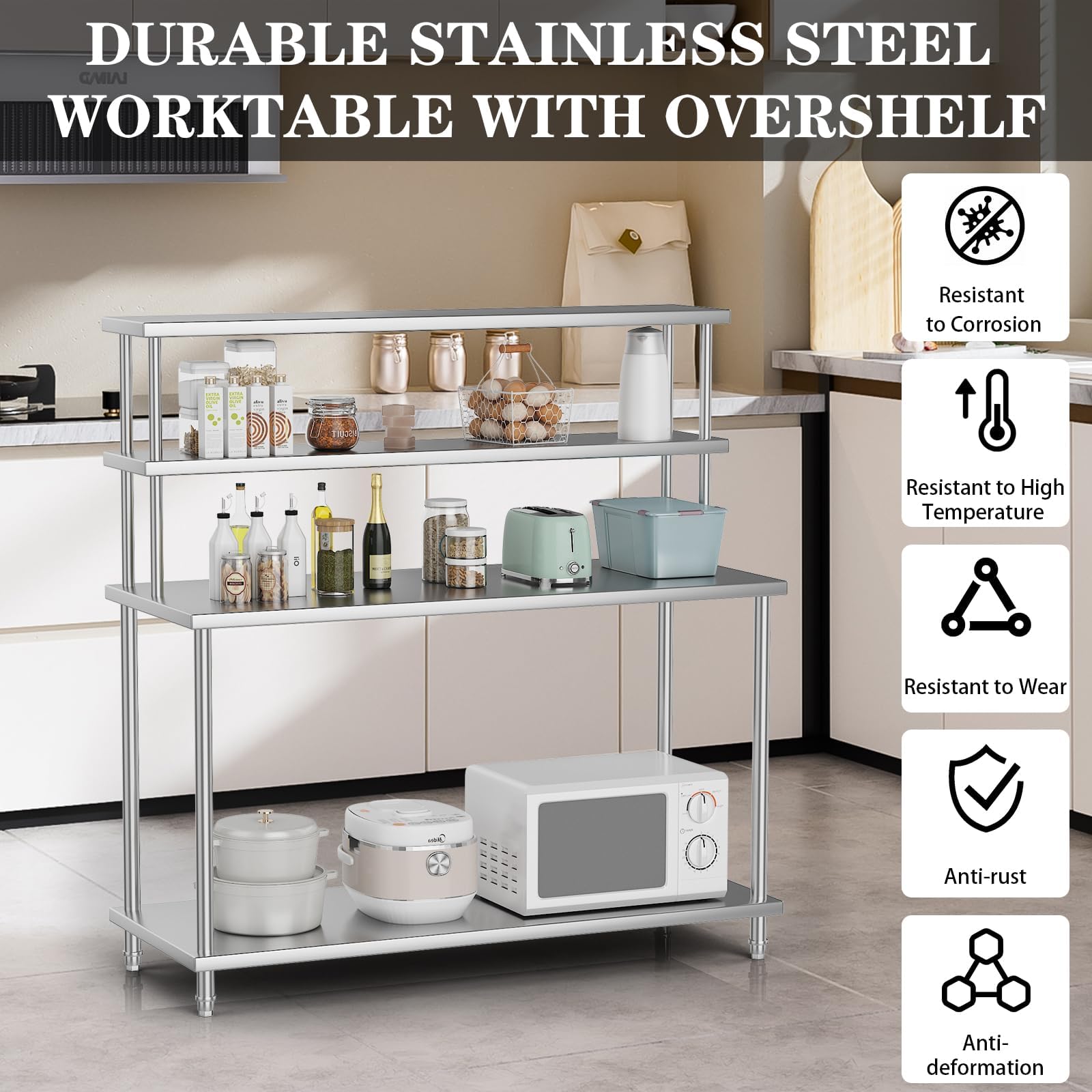 ステンレス製テーブル（上部棚付き）、60インチ x 24イン - Commercial Kitchen Prep Table With Storage のレビューと価格
